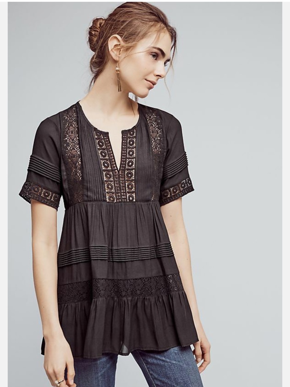 Maeve Black Lace-Trim Short Sleeve Peasant Tunic
